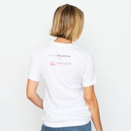 woman wearing bcbg breast cancer awareness tshirt back view