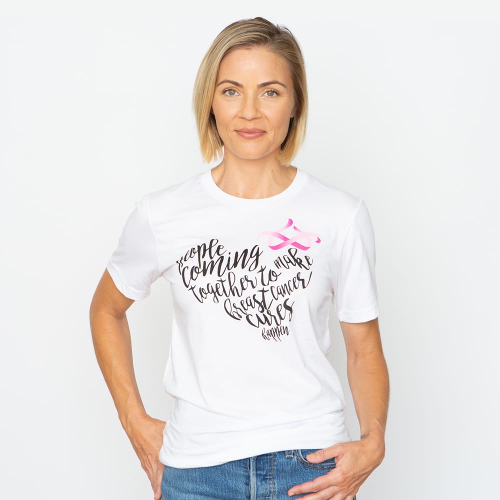 woman wearing bcbg breast cancer awareness tshirt front view