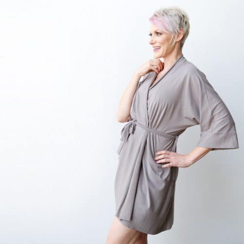 woman wearing ana ono miena robe in gray side view