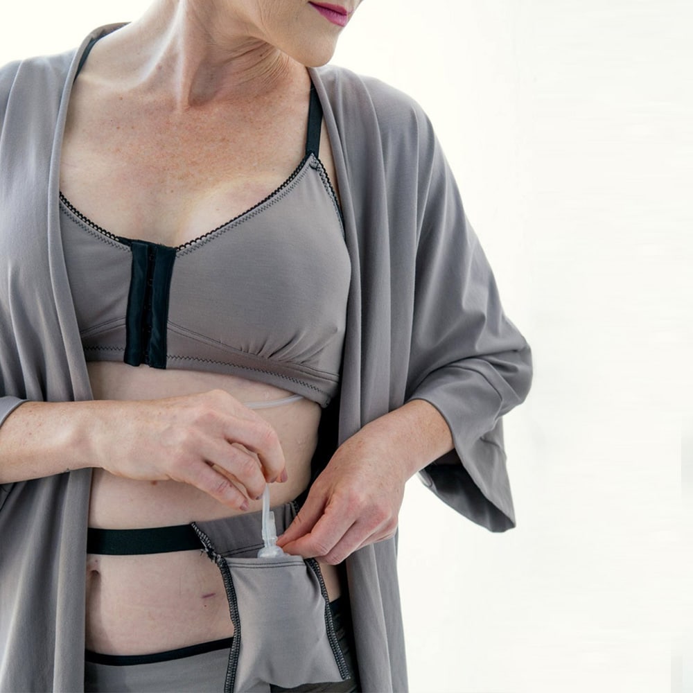 woman wearing ana ono miena robe in gray with drain management belt