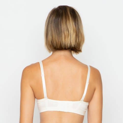 woman wearing ana ono kiku tshirt bra in ivory back view