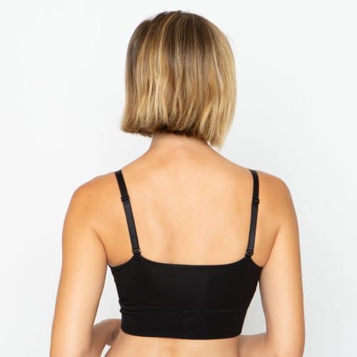 woman wearing ana ono leslie support leisure bra in black back view