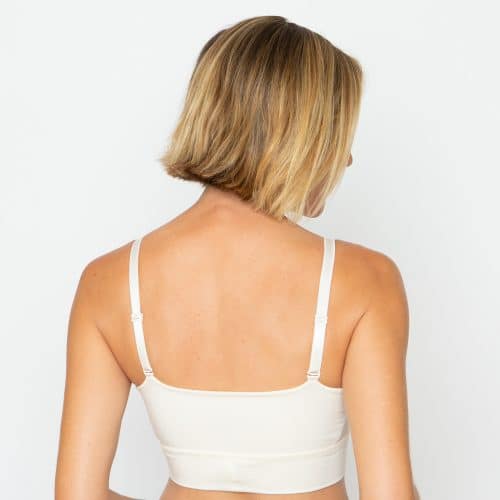 woman wearing ana ono leslie support leisure bra in ivory back view