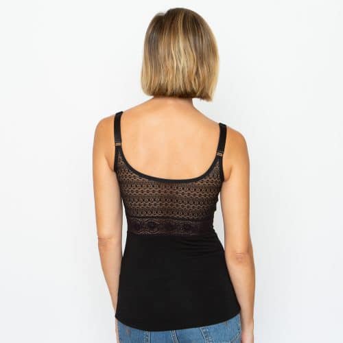 woman wearing ana ono wrap front camisole in black back view