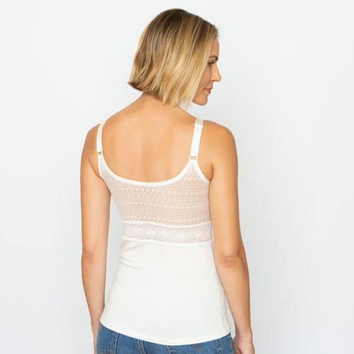 woman wearing ana ono wrap front wirefree camisole in white back view