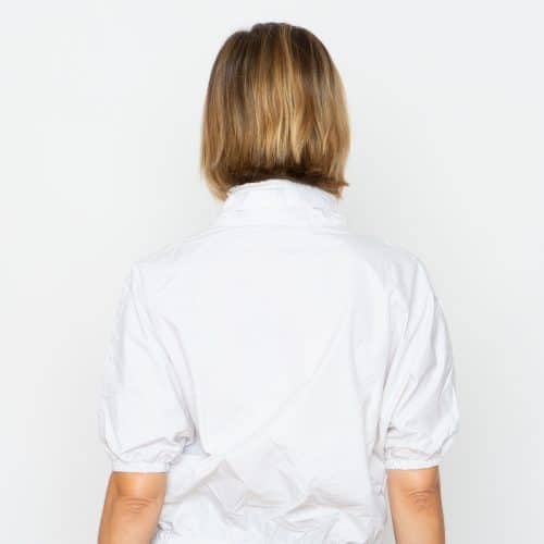 woman wearing the shower shirt in white back view